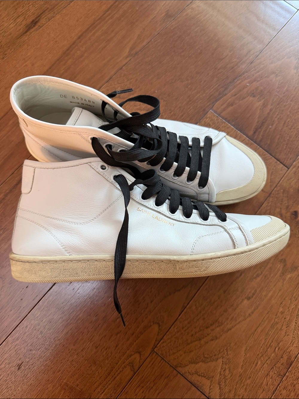 Authentic Saint Laurent White Leather High-Top Sneakers with Black Laces